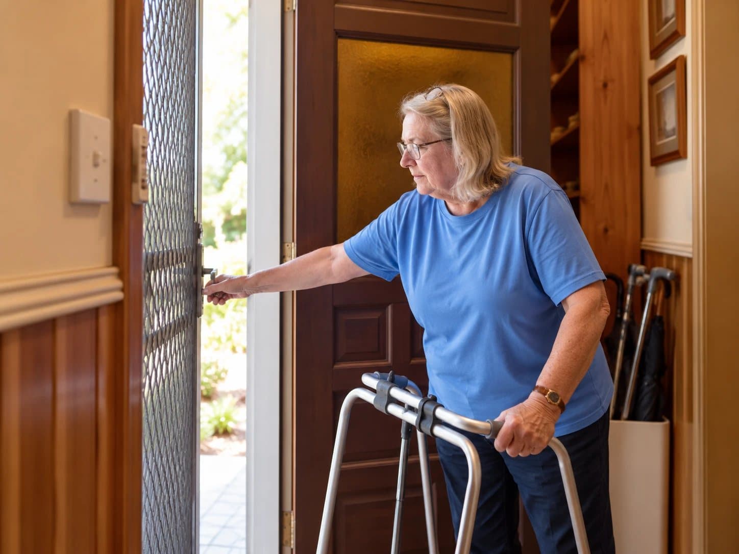 An older woman using a walking frame reaches for the handle of a security screen door at the front of her home