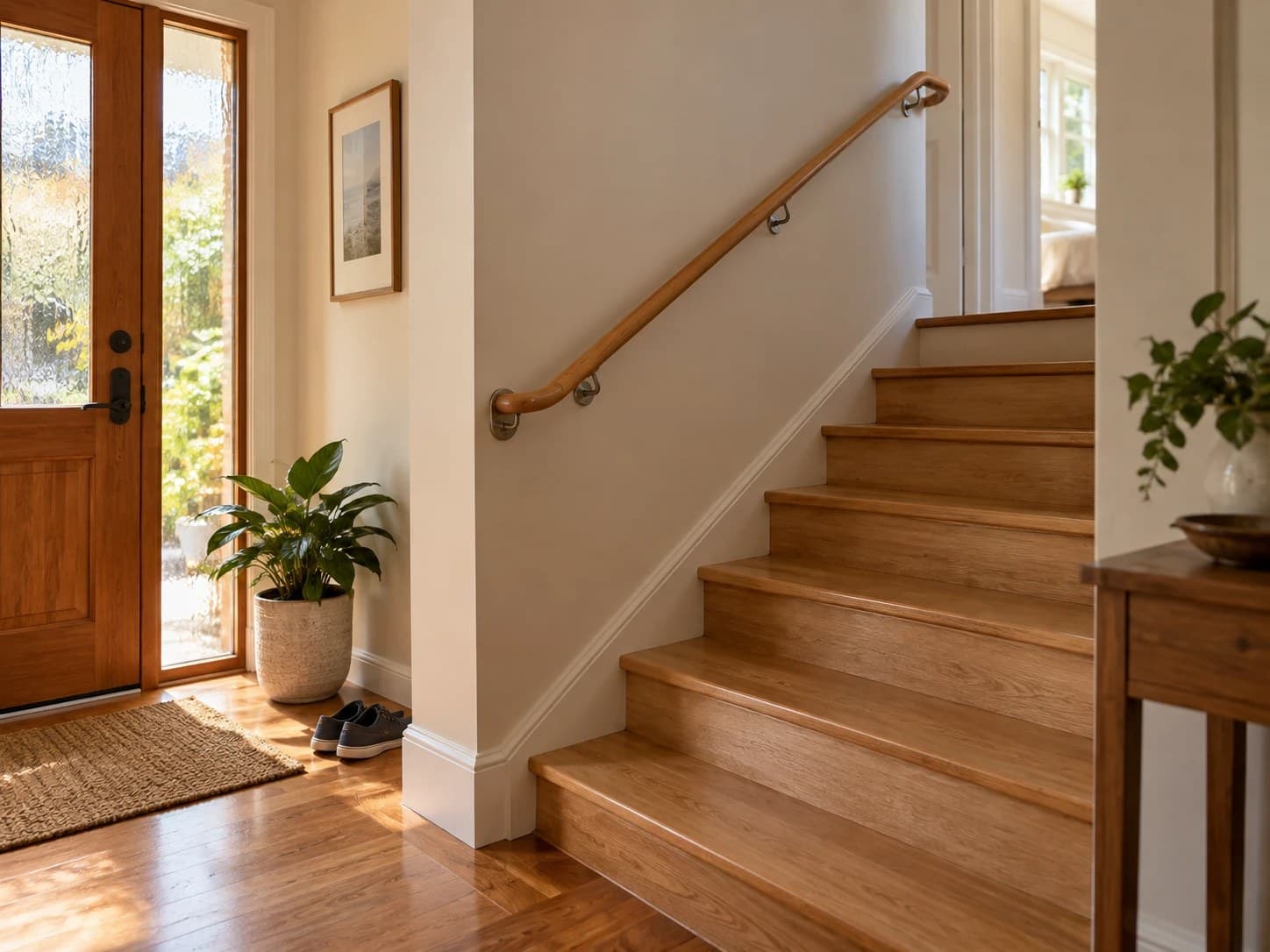 A handrail running alongside the stairs in a home entry hall